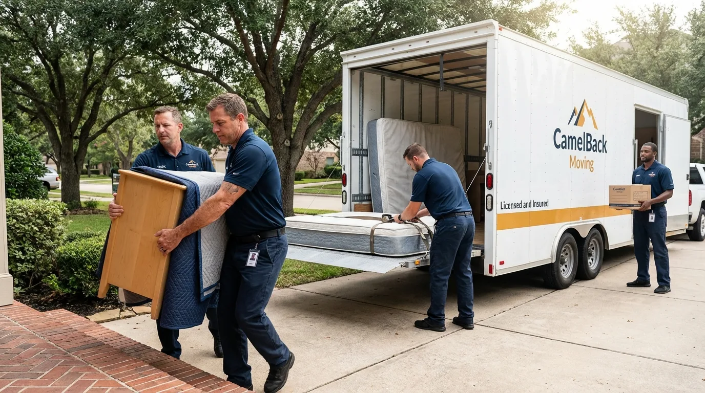 Crew loading residential truck for cross-state move from Booker, TX