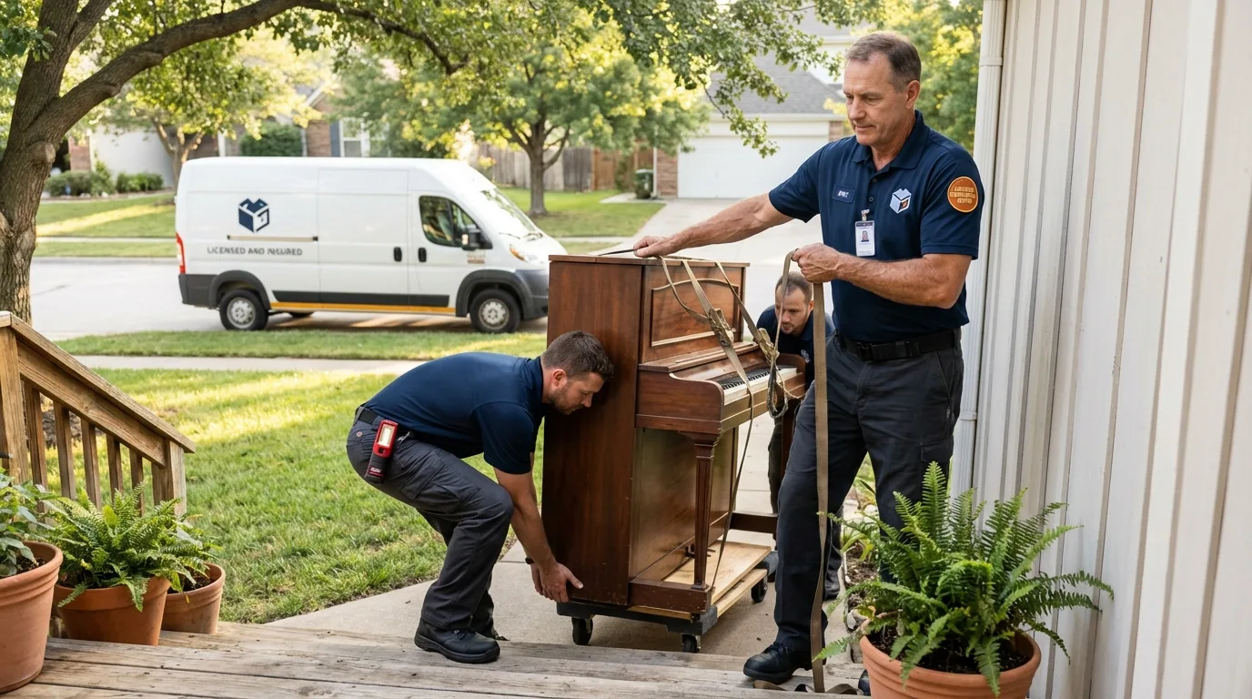 Licensed piano movers securing grand piano in Booker, TX