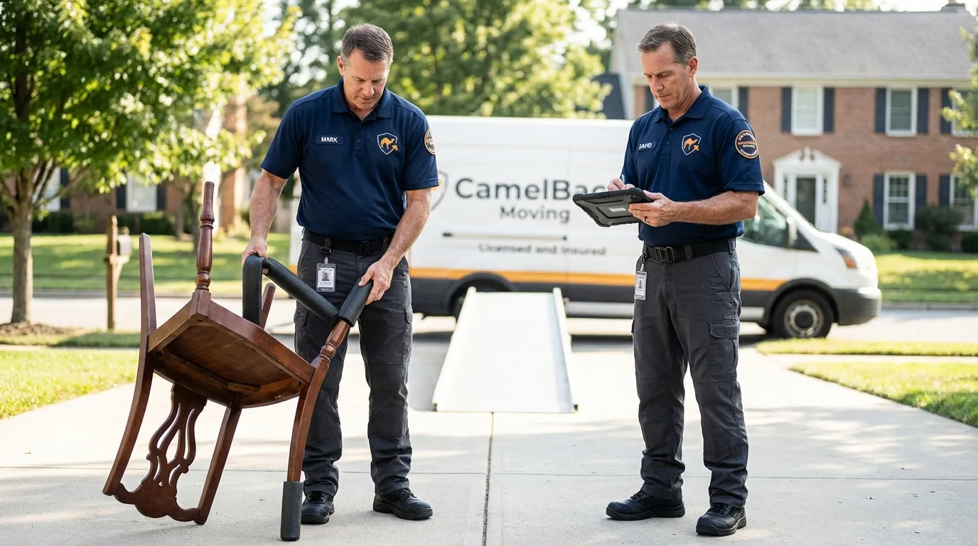 Movers inspecting furniture for damage prevention before loading in Booker, TX