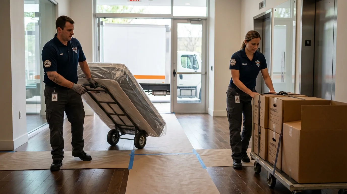 Professional apartment movers loading elevator in Booker, TX